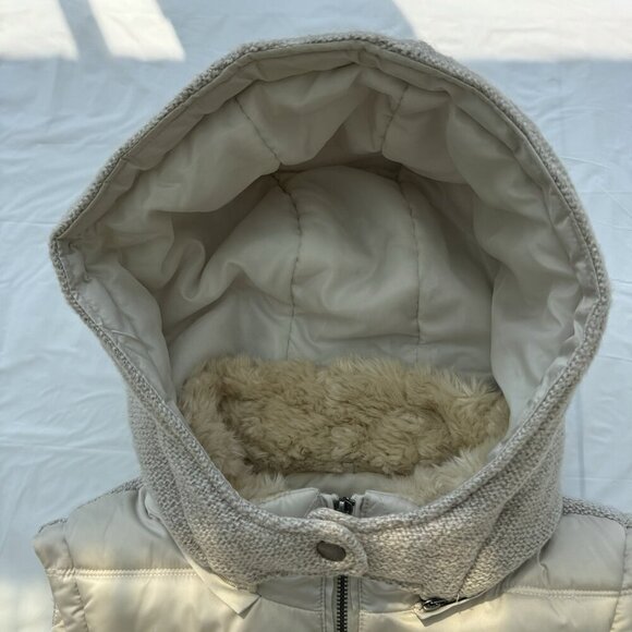 Zara Trafaluc Quilted Puffer Vest Beige SZ Large Removable Hood, Faux Fur Collar - Picture 6 of 16